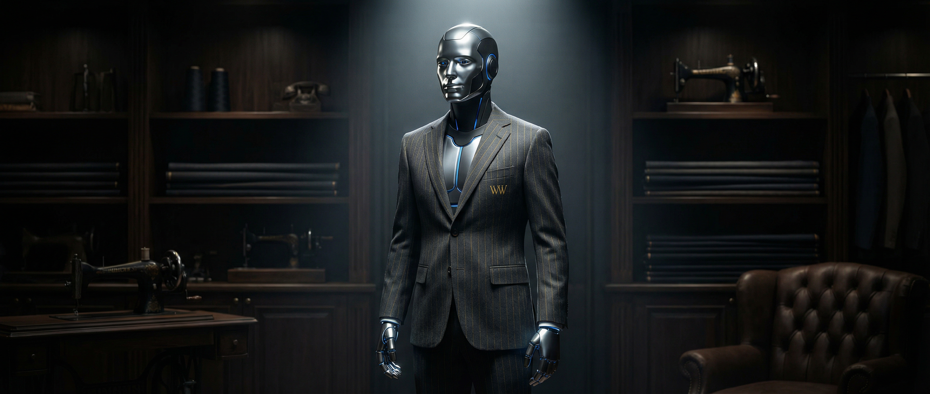 Humanoid robot in Woody Wilson bespoke charcoal suit with gold WW monogram