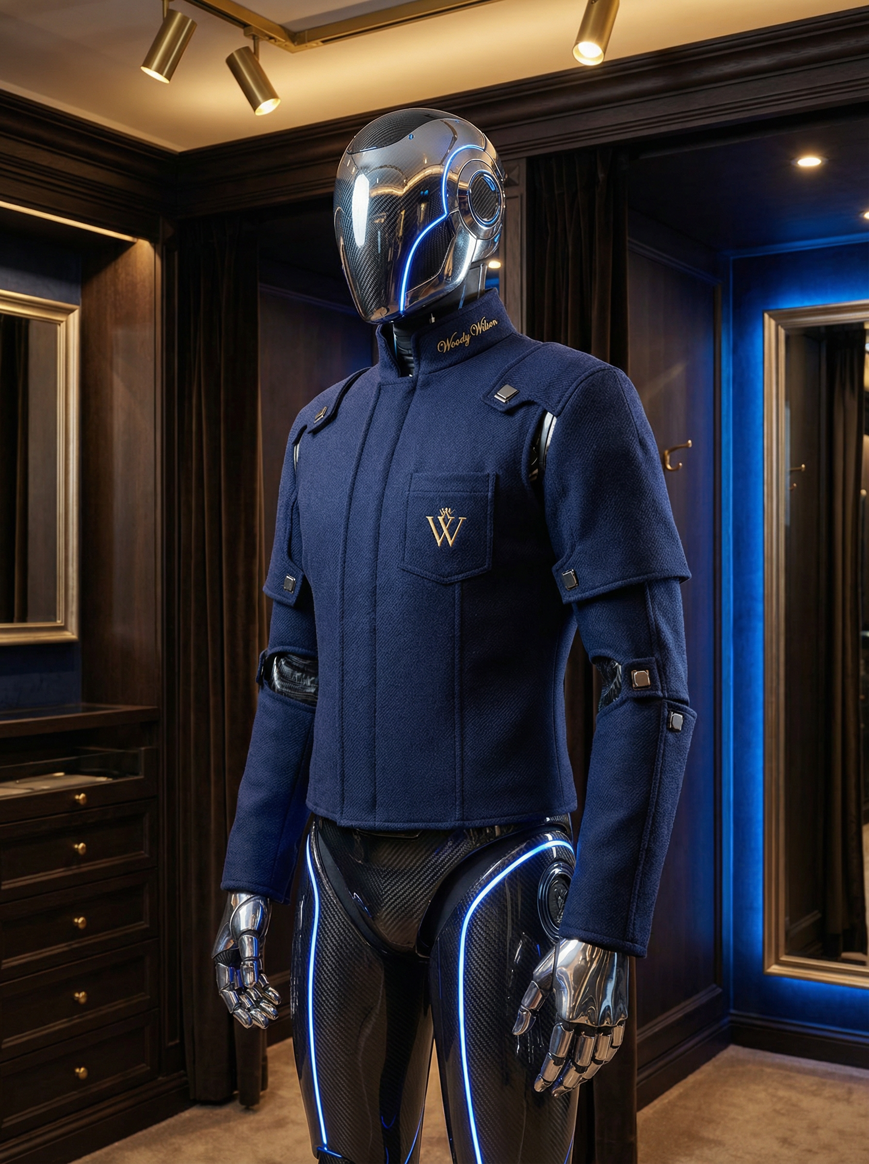 Humanoid robot wearing Woody Wilson custom navy garment with WW branding