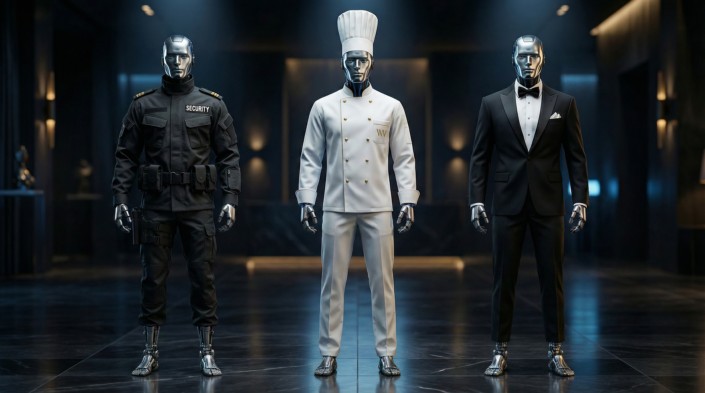 Three humanoid robots in Woody Wilson Cronoskin garments — charcoal suit, performance jacket, and tuxedo