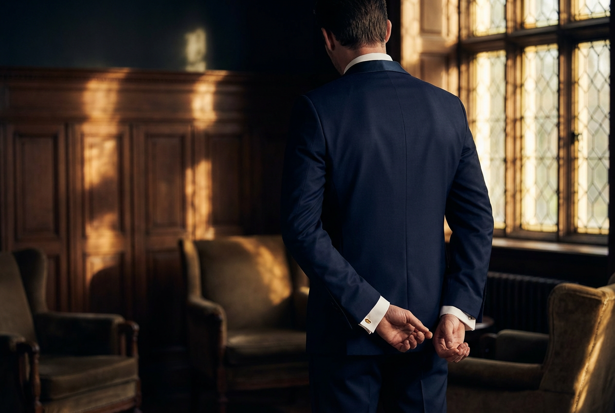 Groom in custom tailored navy tuxedo adjusting cufflinks at golden hour wedding venue