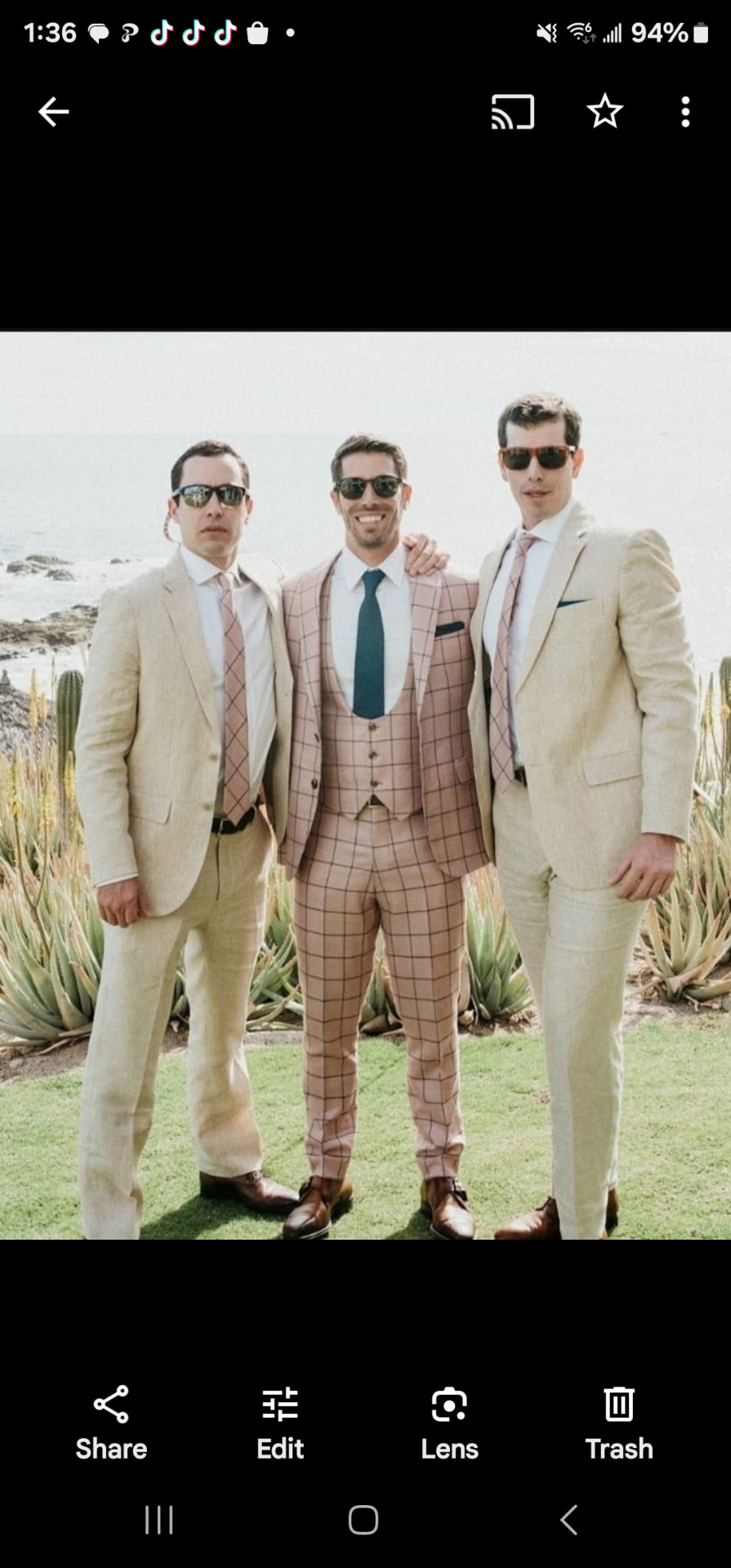 Woody Wilson coastal wedding party beige and pink suits